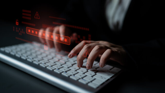 Password security breach warning with red asterisk box, cybersecurity alert, lock icons, and critical vulnerability signals in digital system access Latch