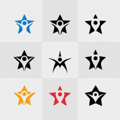Obraz premium Nine abstract star logos with human figures and location pins symbol