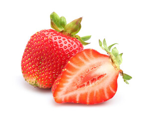 Whole and cut strawberries isolated on white
