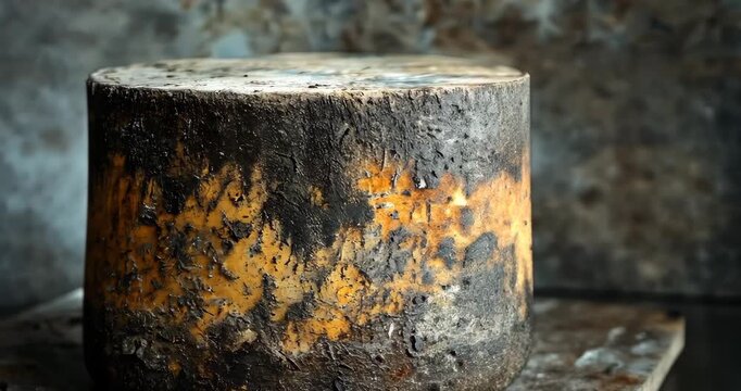 Close-up of a wheel of aged cheddar cheese with a moldy rind in a dark cellar.