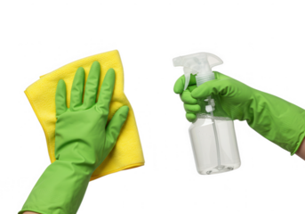 Hands in gloves hold spray bottle and cloth isolated on transparent background