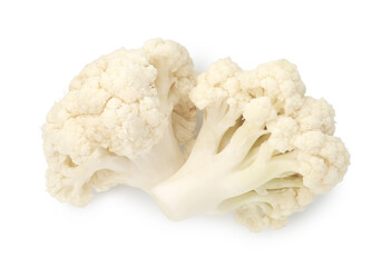 Fresh raw cauliflower florets isolated on white, top view