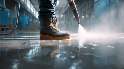 High-quality photo of cleaning staff member wearing safety boots using high pressure washer for cleaning concrete floor in large industrial building, creating foam and splashing.