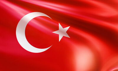 Realistic wavy national flag of the Republic of Turkey closeup. Turkish patriotic background for celebrate Republic day and Victory day. 3d vector illustration