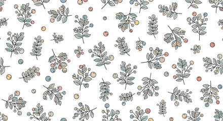 Charming Small Scale Botanical Floral Pattern With Delicate Leafy Sprigs And Dotted Accents On A White Background