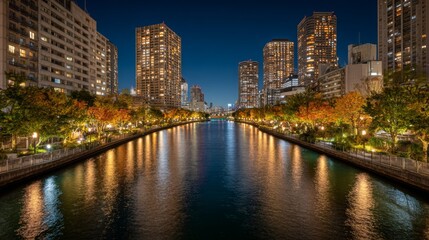 High-rise buildings illuminated at night with lights reflected on a nearby river, creating a calm, urban nightscape