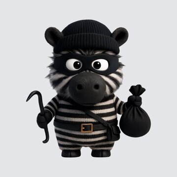 Cute zebra thief character illustration animation isolated asset, transparent 4K video, alpha channel, ProRes 4444
