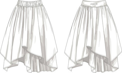 CAD drawing flat vector illustration, layered flared skirt design, fashion template, sewing pattern layout, technical garment sketch, apparel blueprint