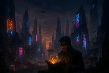 Man Reading Glowing Book in Futuristic Cyberpunk City at Night – Sci-Fi Concept Art Illustration