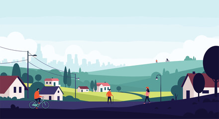 A Scenic Pixel Art Village Scene with People Enjoying Outdoor Activities on a Sunny Day