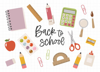Back to school doodle elements. Supplies background. School supplies illustration. Stationery