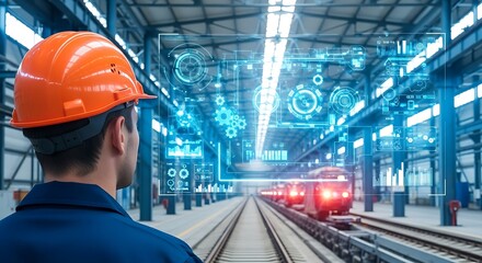 Engineer examining data visualization in a train maintenance facility