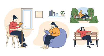 Illustrations of people enjoying leisure activities and relaxation in various settings including indoors and outdoors creating a sense of calm and personal time