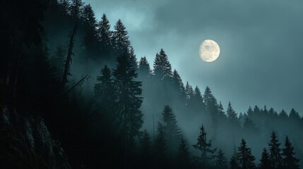 High-quality photo of dark forest with a full moon in the sky.