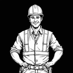 A handsome construction worker, a person with a uniform and safety hat, is an engineer or builder ready for work
