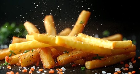 Close-up shot of crispy golden-brown french fries seasoned with herbs and spices.