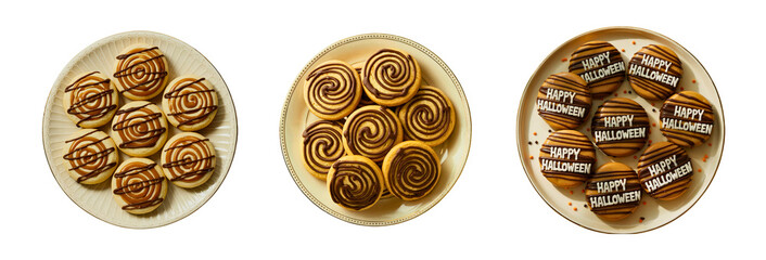 Caramel Swirl Halloween Cookies with Dark Chocolate Drizzle on Cream Porcelain Plate – Top View PNG