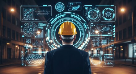 Engineer examining futuristic holographic interface in an urban environment