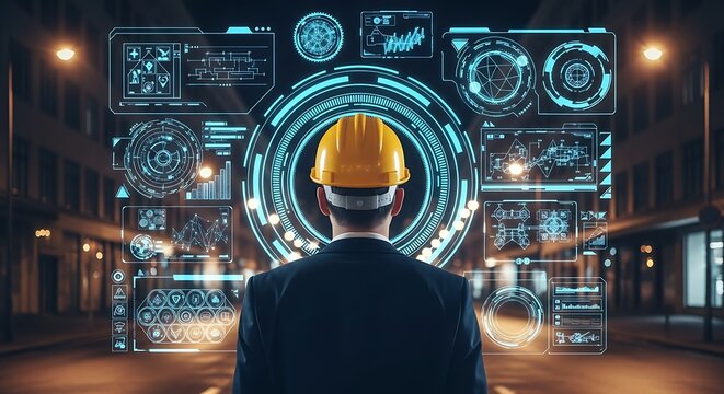 Engineer examining futuristic holographic interface in an urban environment