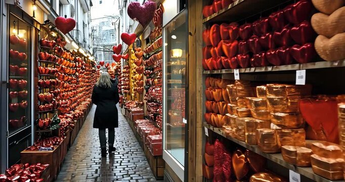 A woman strolls down a charming Bruges alley, adorned with heart-shaped decorations for Valentine's Day.