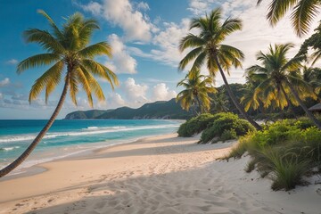 Obraz premium Breathtaking Paradise Coastline Banner Stunning Beach Scene with Palm Trees and Soft Sand for Your Summer Escape