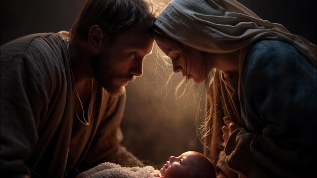 Joseph kneeling mary and and admiring shining jesus lying in a manger, with light newborn down on them video 4k