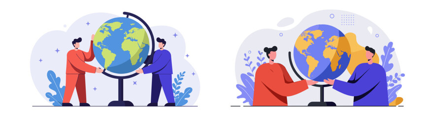 Two people exploring a globe together in a colorful setting, set, two people holding globe 