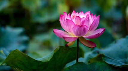 Fototapeta premium Single lotus bloom standing tall above wide green leaves, its petals slightly open to reveal a serene beauty against the pond