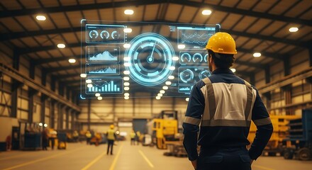 Engineer inspecting futuristic data display in modern factory