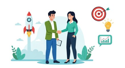 Flat illustration of two business professionals shake hands symbolizing a successful startup launch with a rocket and target in the background