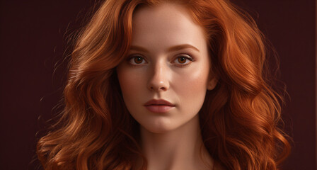 Fototapeta premium Beautiful close-up portrait of a fair-skinned person with wavy red hair against a dark blurred background