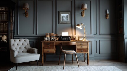 Fototapeta premium Elegant home office with classic typewriter, lamps, and armchair creates vintage vibe