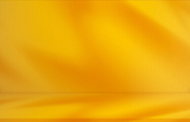 Autumn Orange Background,Studio with shadow leaves on cement wall,Yellow Backdrop Display Room with sunlight overlay on floor,Concept for Cosmetic product presentation,Sale,Online shop in Fall Season