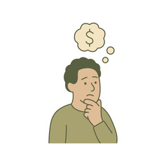 Thoughtful man thinking about finances or budgeting with dollar symbol in thought bubble, representing money planning and decision-making