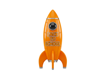 Back to school orange rocket ship illustration for education and learning concept design space travel 3d art isolated on transparent background