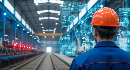 Engineer observing futuristic control panel in a factory environment