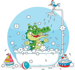 Naklejka premium Funny green crocodile washing and splashing with a shampoo foam in a bubble bath with a shower, vector cartoon illustration isolated on a white background