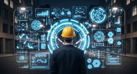 Engineer observing futuristic data interface in city night