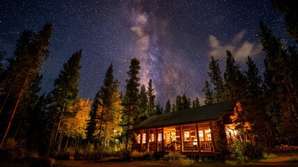 Fototapeta premium Starry sky over a remote cabin with soft lights illuminating its windows, creating a warm and welcoming feel