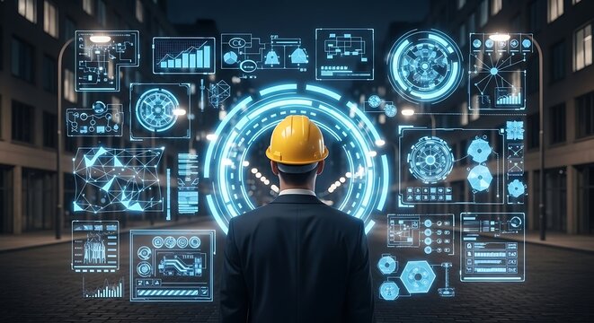 Engineer observing futuristic data interface in city night