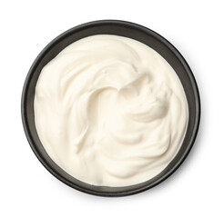 Tasty sour cream in bowl isolated on white, top view