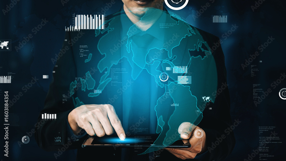 Poster close-up of a professional man interacting with a tablet showing a global map and data visualization