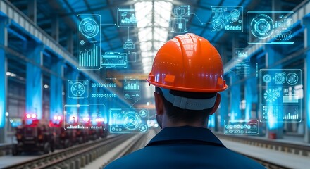 Engineer with futuristic digital interface in modern industrial setting