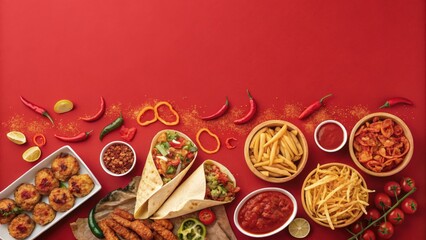 Spicy Street Food Flatlay: Vibrant Red Background,  Crispy Fries, Savory Wraps, and Tangy Dips.