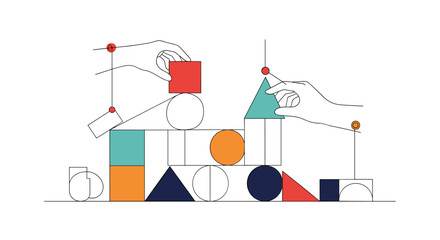 A Whimsical Balancing Act of Geometric Shapes and Playful Characters