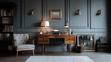 Elegant home office interior featuring vintage furniture and stylish decor elements