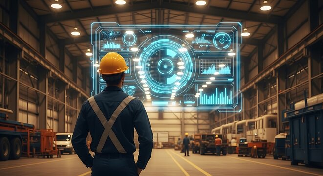 Factory worker inspecting digital data visualization in modern warehouse