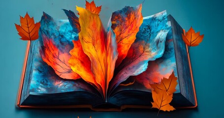 A pop-up book with autumn leaves unfolds, revealing a vibrant and magical world. - Powered by Adobe