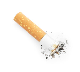 Cigarette butt with ash isolated on white, top view