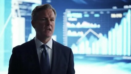 Confident businessman presenting data analytics in a modern, bright digital environment - Powered by Adobe